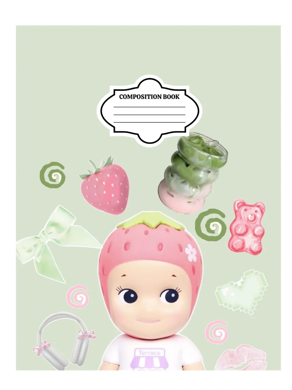 Strawberry Doll Composition Book - Pink & Mint